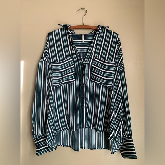 Free People Mad About You Striped blue green cream Button Down Blouse silky - Picture 1 of 6